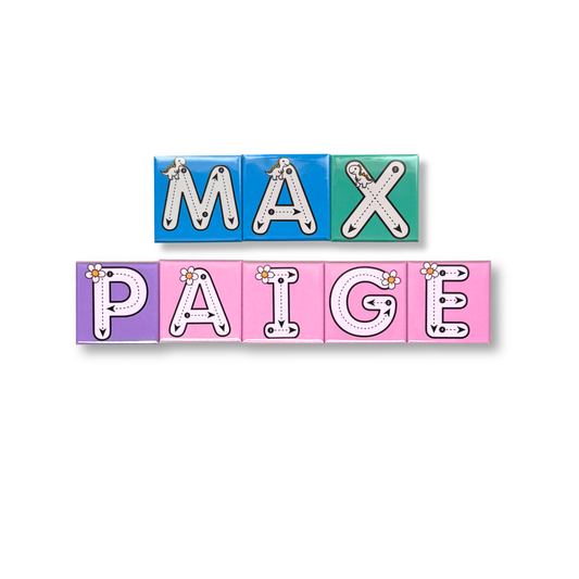 A set of six custom name tracing magnets spelling MAX and PAIGE. The magnets are blue, green, pink, and purple with dashed lines and dinosaur and flower illustrations for early learning.