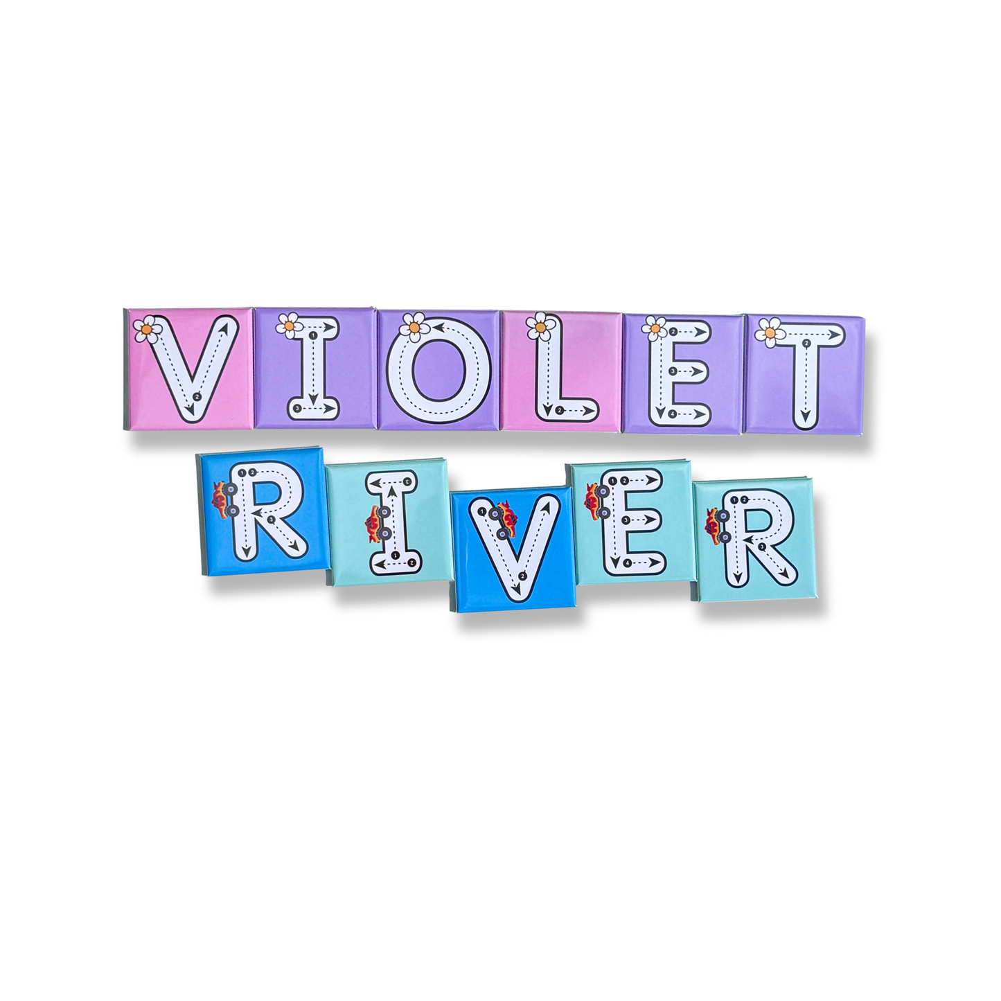 A set of 11 Custom name tracing magnets spelling the names river and violet. The magnets are blue, green, pink featuring dashed tracing lines and a small flower and dinosaur illustration for early learning.