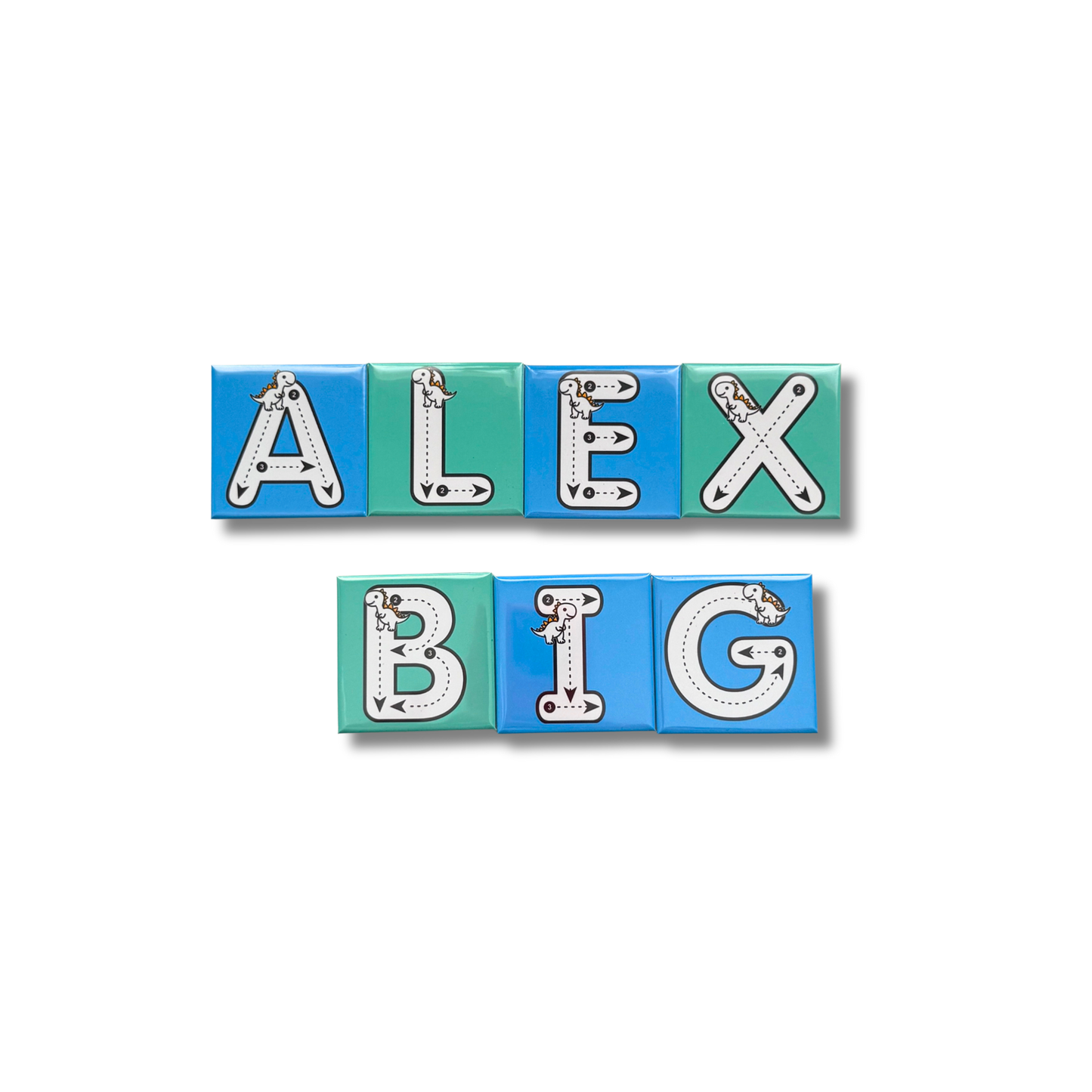 A set of eight custom name tracing magnets in blue and green spelling ALEX and BIG. The magnets feature dashed tracing lines and a small dinosaur illustration for early learning and name recognition.