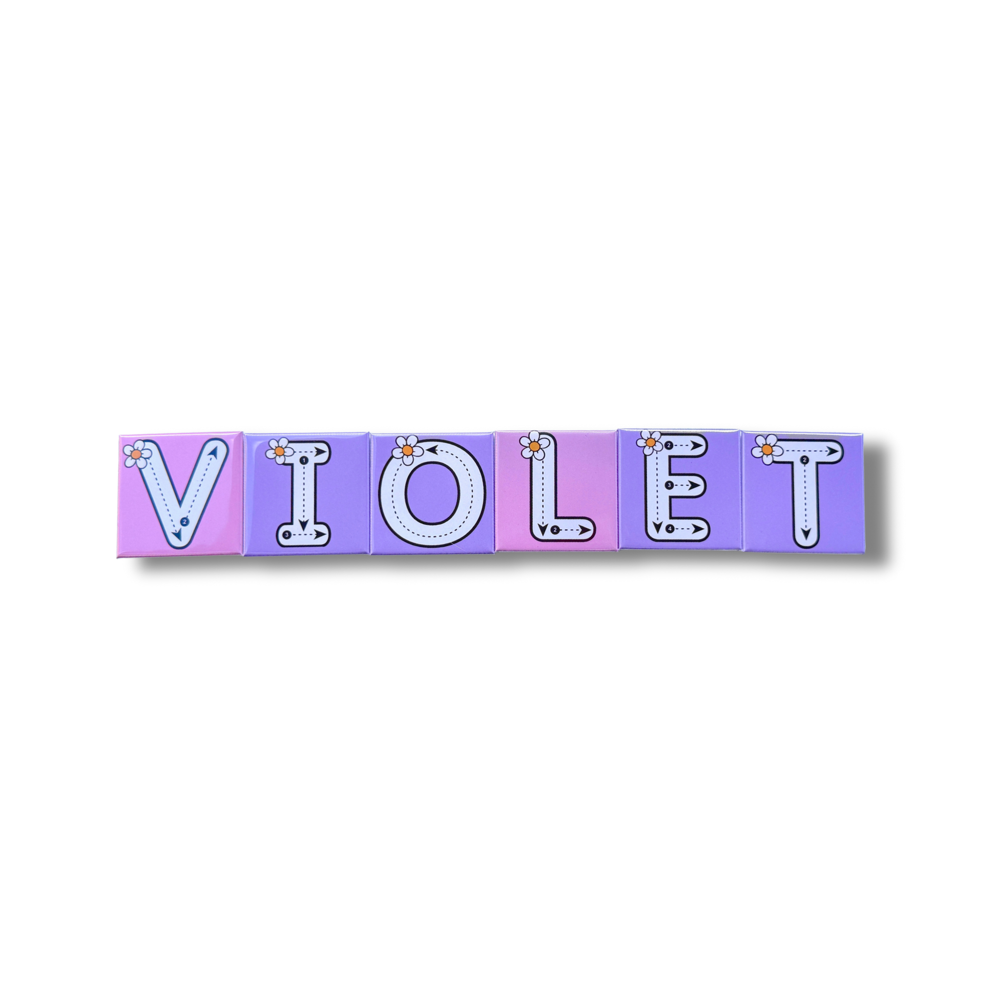 Custom name tracing magnets featuring the name Violet. The magnets are purple with dashed tracing lines and a flower illustration for early learning and name recognition. 