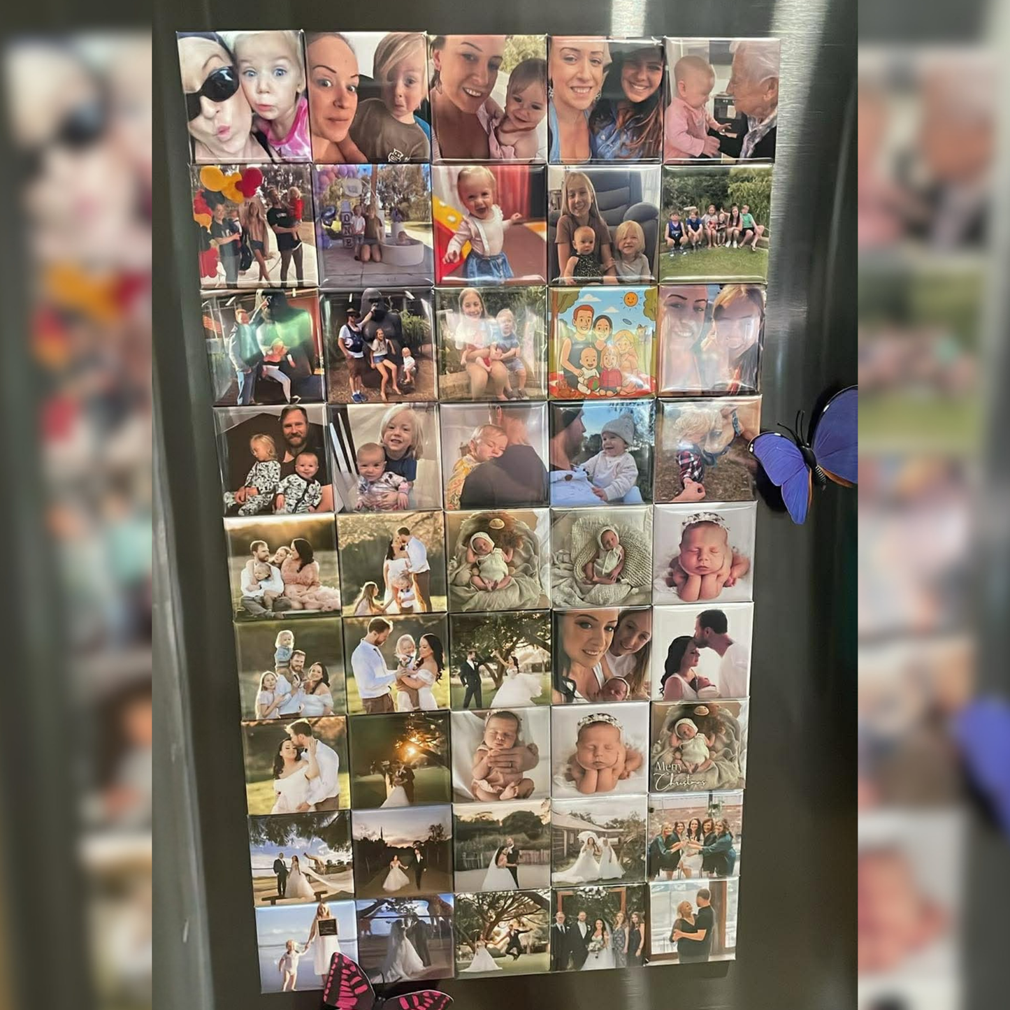 Large collection of personalised custom photo magnets covering a fridge, handmade in Australia