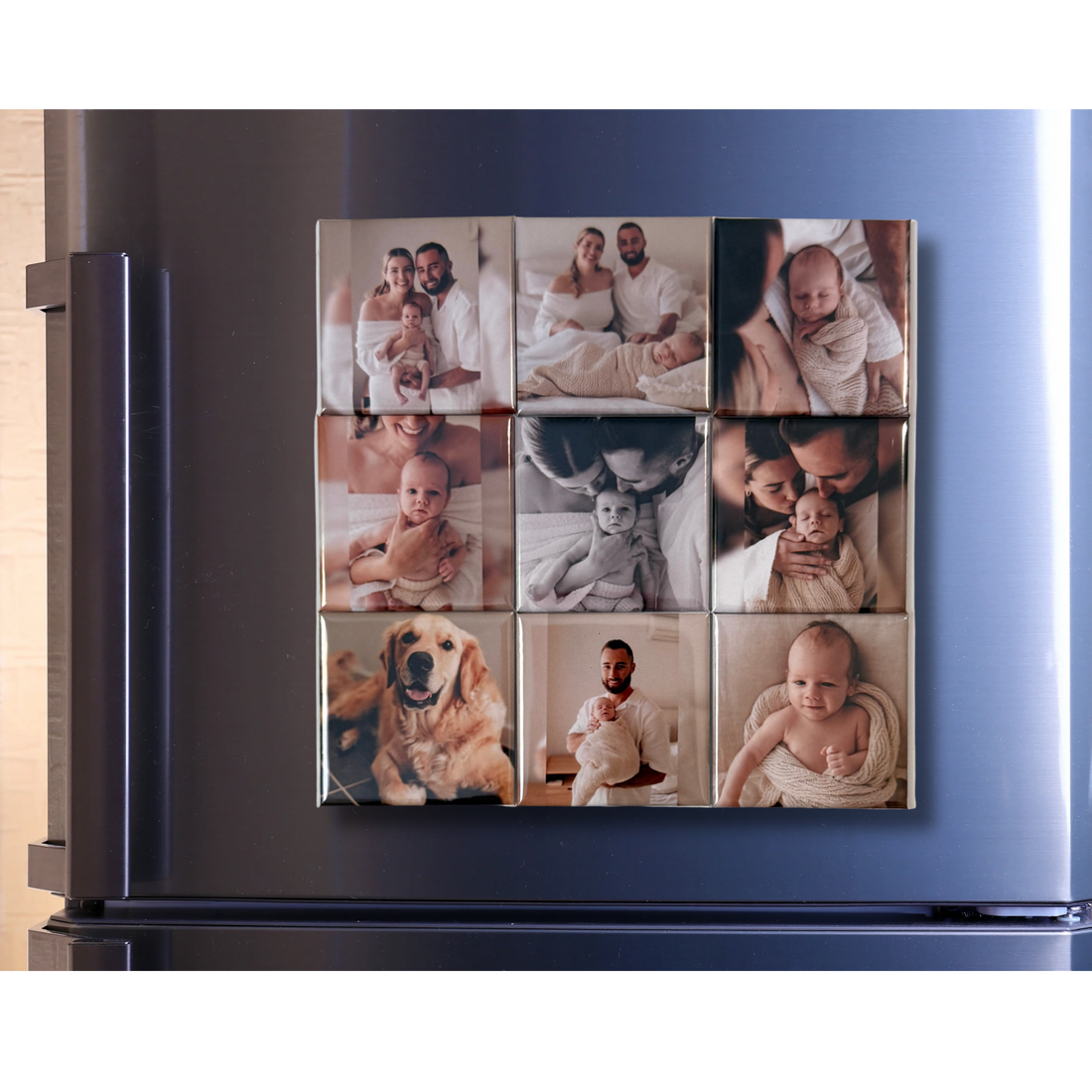  Nine square custom photo magnets of family portraits and a golden retriever dog on a stainless steel fridge. The magnets display personal memories and family moments.
