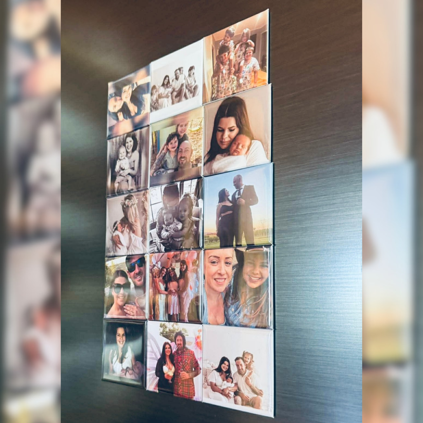 Large collection of personalised Mother's Day photo magnets displayed on a fridge, unique gift idea Australia