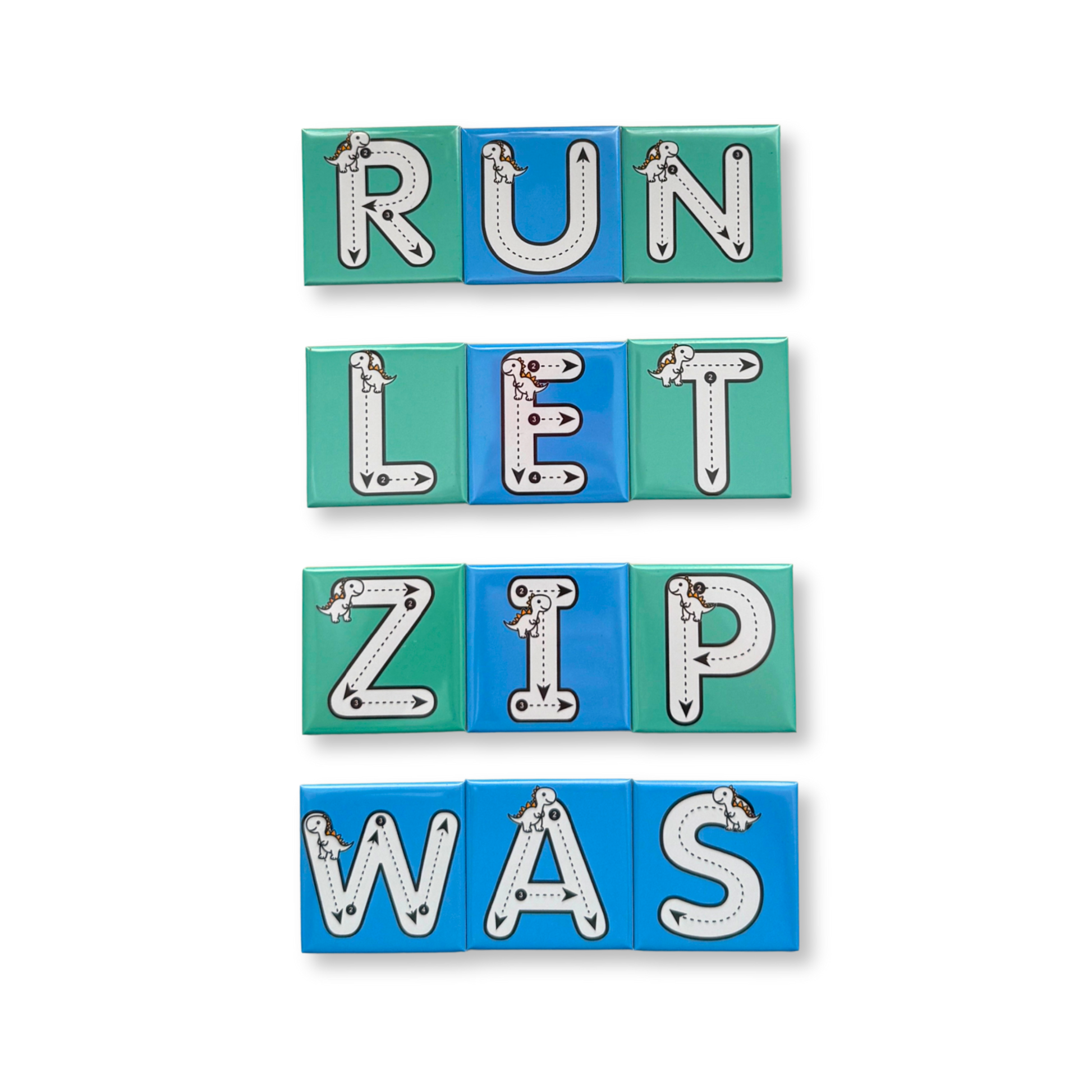 A set of blue and green alphabet tracing magnets on a white background, arranged to spell the words RUN, LET, ZIP, and WAS for early word building practice.