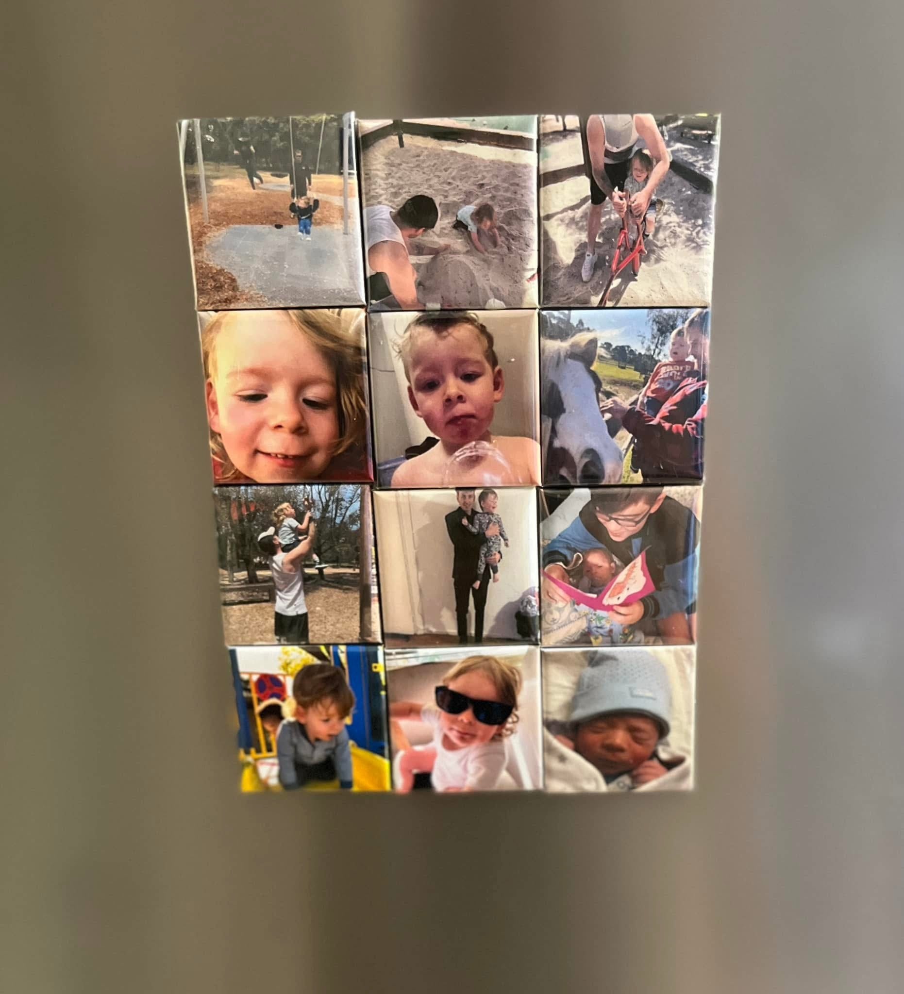  Twelve-photo magnet collage capturing candid moments of a toddler at the playground, at home, and interacting with family and pets.