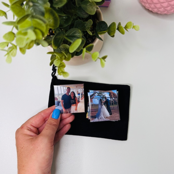 Hand holding personalised custom photo magnets with velvet gift pouch, handmade in Australia
