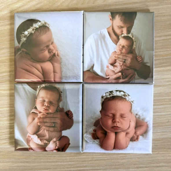 Set of 4 personalised newborn baby photo magnets on timber surface, unique gift idea Australia
