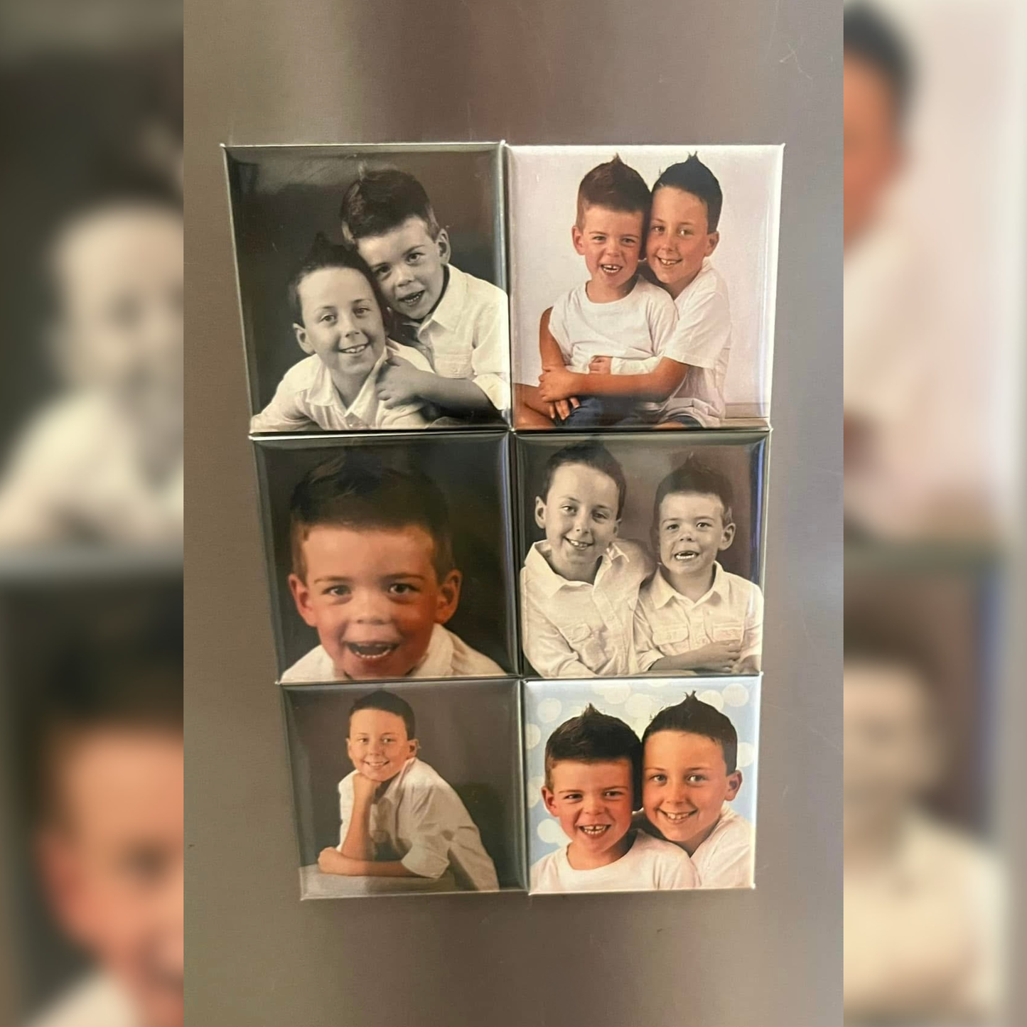 Set of 6 personalised custom photo magnets displayed on a fridge, unique memory gift Australia