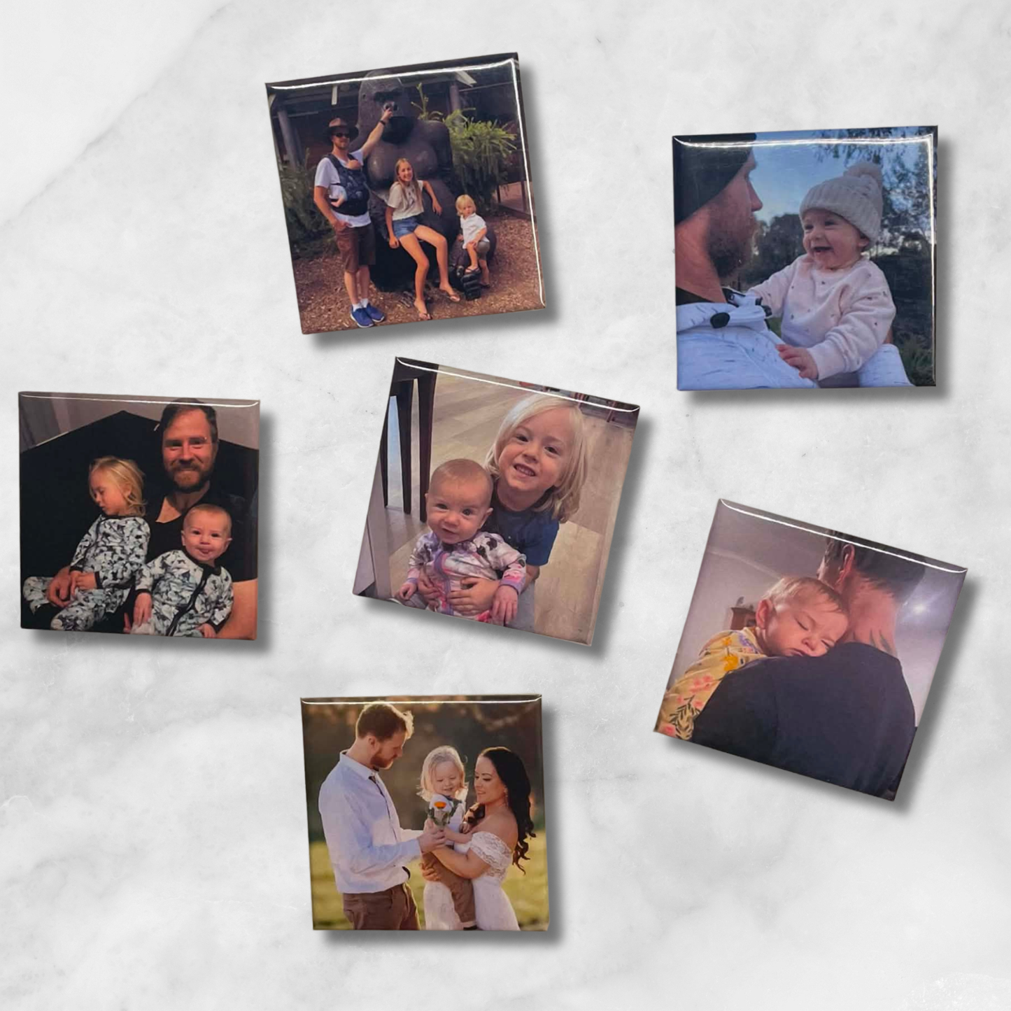  Set of 6 personalised custom photo magnets on marble background, handmade in Australia — unique personalised gift idea