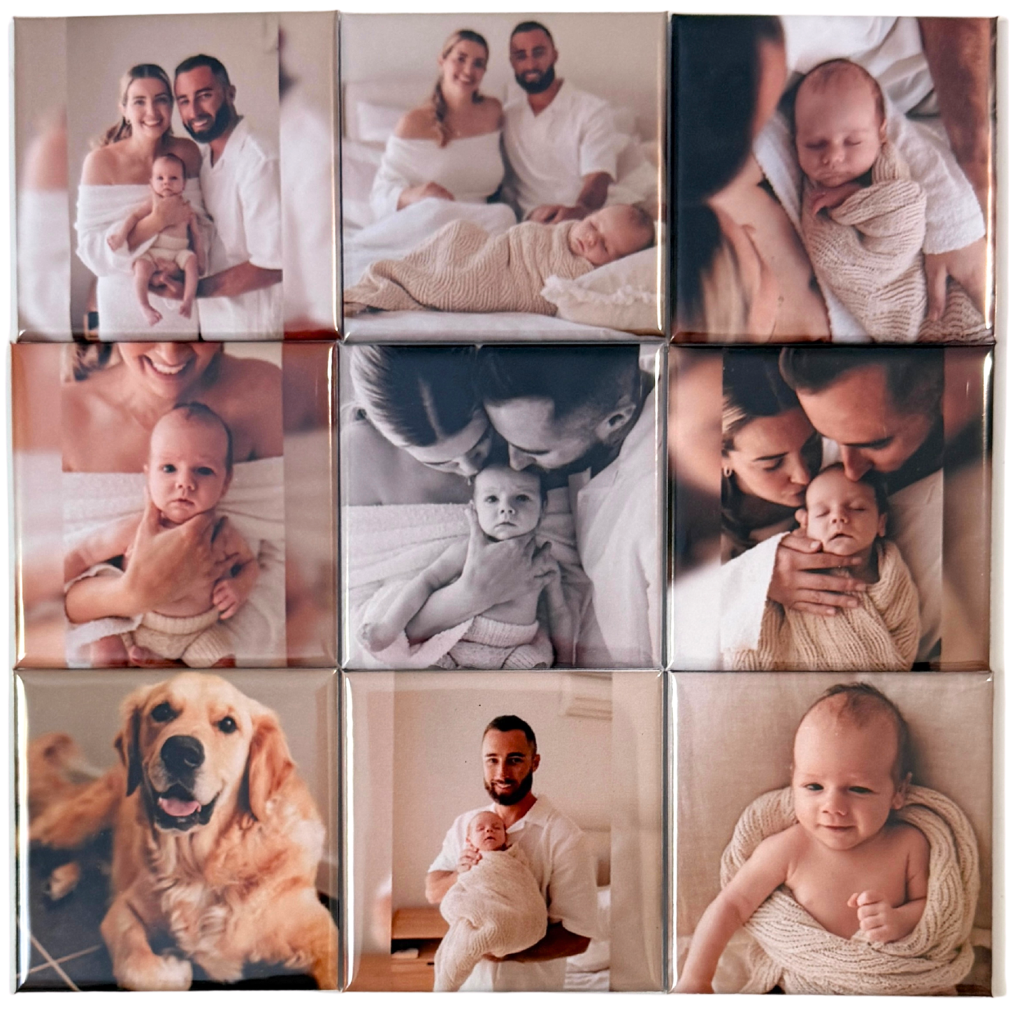 Set of 9 custom photo magnets displayed in a grid, personalised family photo gift Australia