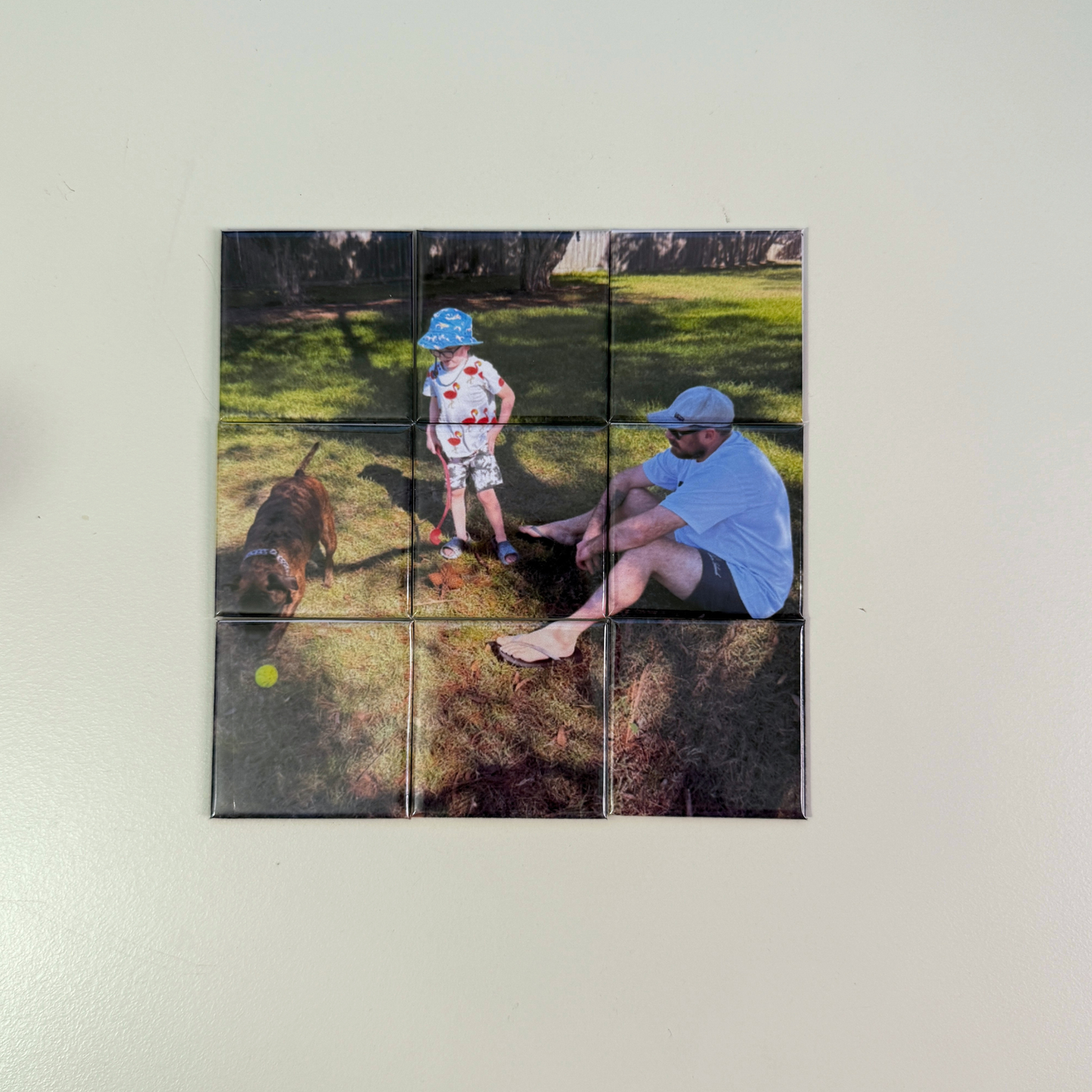 Personalised Father's Day photo magnet featuring outdoor lifestyle photo with dog, handmade in Australia

